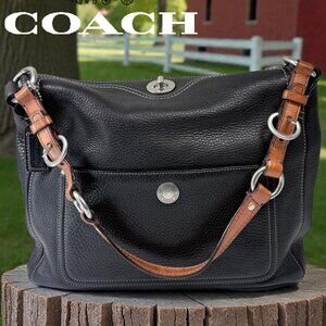 Coach Vintage Chelsea Hobo Shoulder Bag Black Pebbled Leather Brown Strap 10132